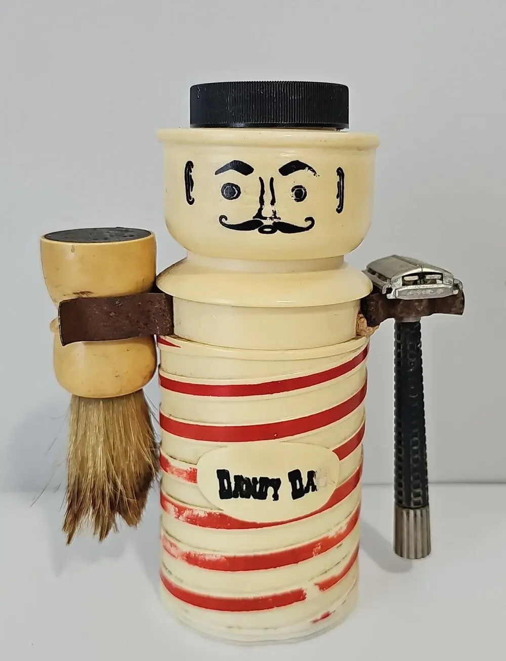 Vintage 1950s Dandy Dan MCM Shaving Caddy Barber Pole Razor Shaving Brush